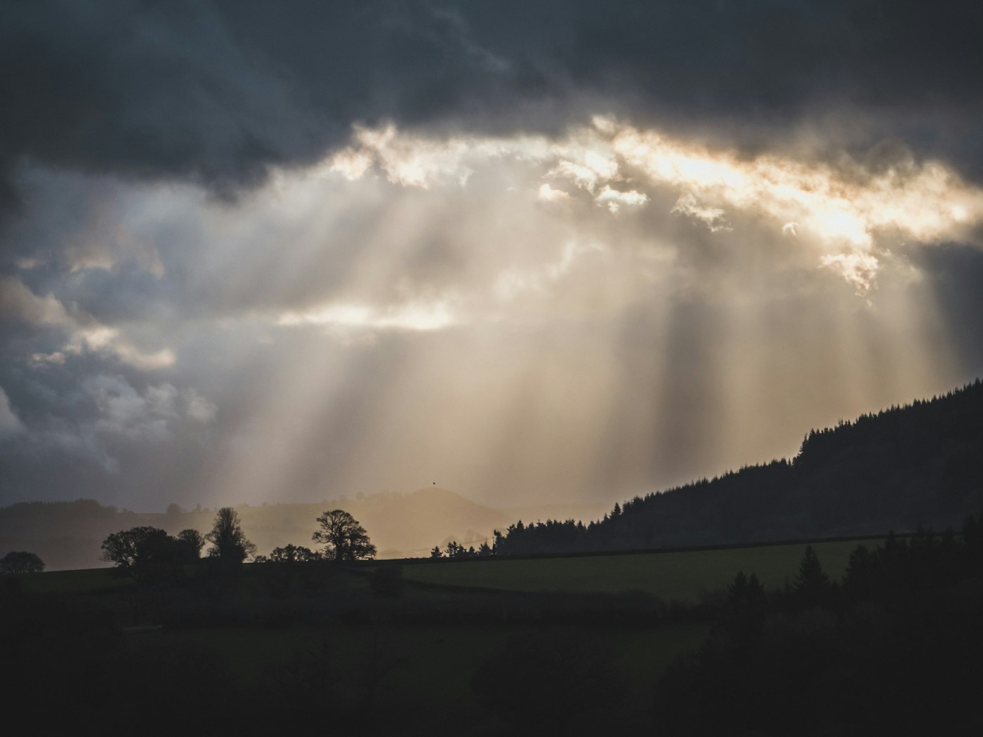 Sunlight breaking through clouds over a quiet green landscape symbolizing relief